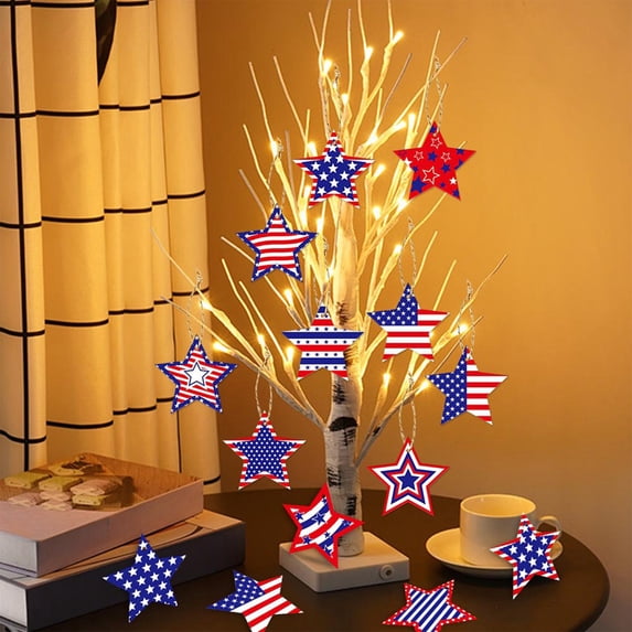 12 Pcs 4Th Of July Tree Decorations,Red White Blue Star Patriotic Decor,Hanging Ornaments,Independence Day Decorations With Ropes,For Holiday Party Tree Supplies