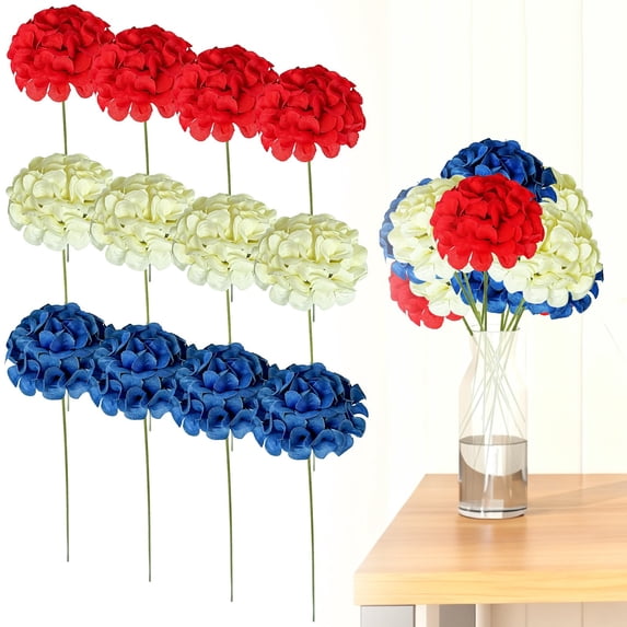 12 Pcs 4th of July Artificial Hydrangea Flowers, Red White Blue Decorations, Memorial Day Patriotic Flowers for Anniversary Vase, Porch, Patio, Yard, Table, 4th of July Decorations, Red White Blue