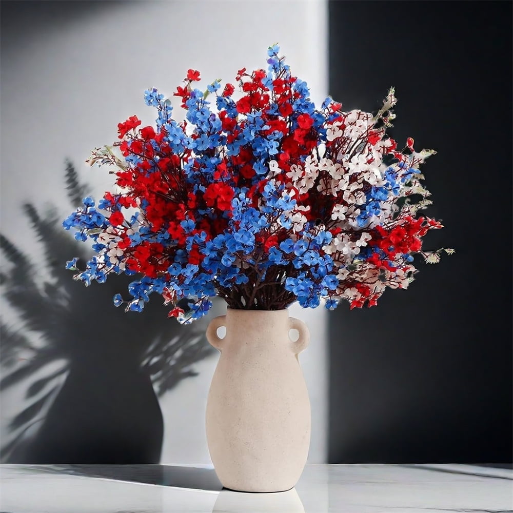 12 Pcs 4th of July Flowers Fake Silk Patriotic Bulk Babys Breath Artificial Flowers Bushes Independence Day Floral Arrangement Home Office Wedding Centerpiece Party Table Decoration