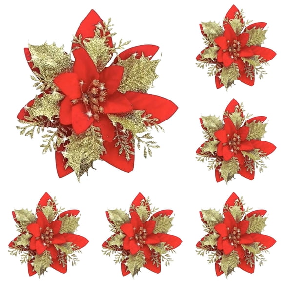 Jieadkavo Artificial Christmas Flowers, Glitter Poinsettia Decorations 5.7 Inch with Stems for Tree Wreath Garland Holiday Party Decor, 12PC Red