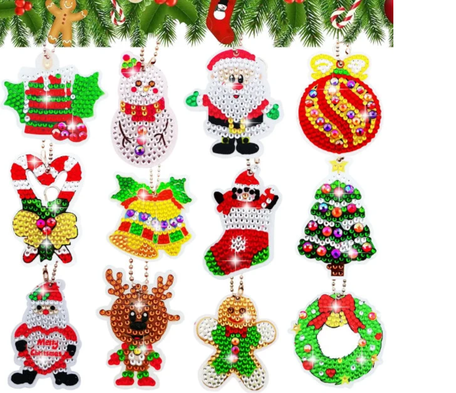 12 Pcs 5D DIY Assorted Cute Christmas Diamond Art Keyrings by Numbers Kit for Adults & Kids