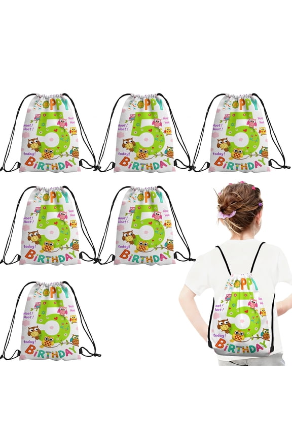 12 Pcs 5th Birthday Cartoon Owl Theme Drawstring Backpack, Lightweight Sports Sackpack for Daily Use, Travel, and Birthday Party Decorations 27x34cm