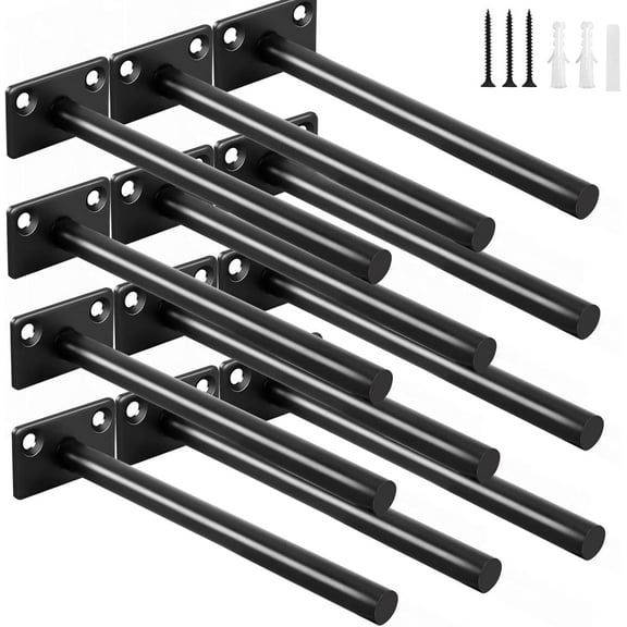 12 Pcs 6" Black Solid Steel Floating Shelf Bracket Blind Shelf Supports - Hidden Brackets for Floating Wood Shelves - Concealed Blind Shelf Support Screws and Wall Plugs Included