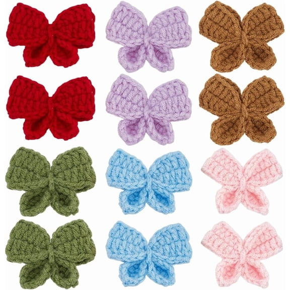 12 Pcs 6 Colors Bowknot Crochet Applique 1.6x2.2inch Crochet Knitted Cloth Patch Bowknot Sew on Patches Cloth Knit Appliques Bowknot Patches Embellishment