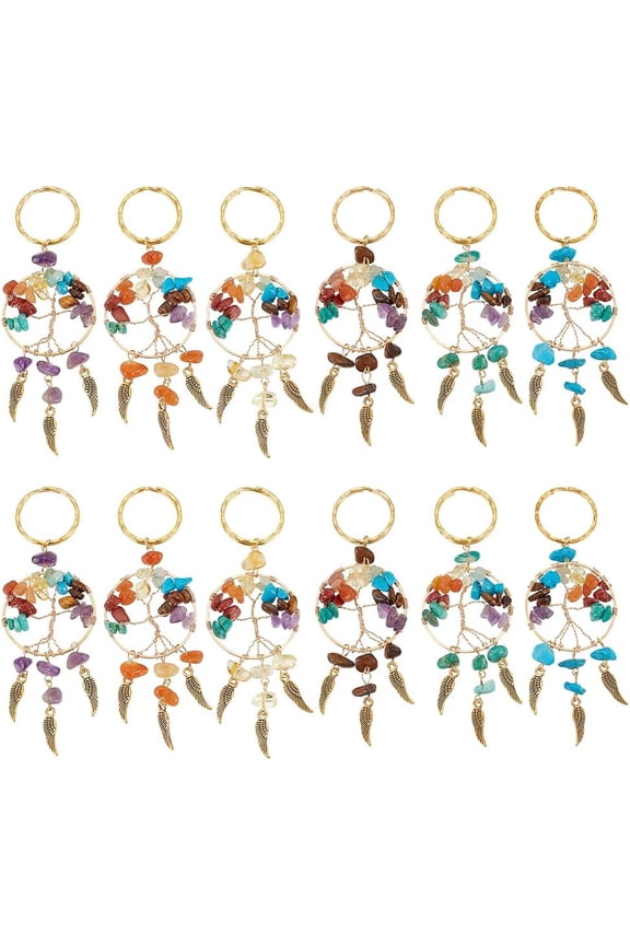 12 Pcs 6 Colors Dream Catcher Gemstone Keychains Tree of Life Charms Natural Stone Hanging Gemstone Chip Pendants with Key Rings