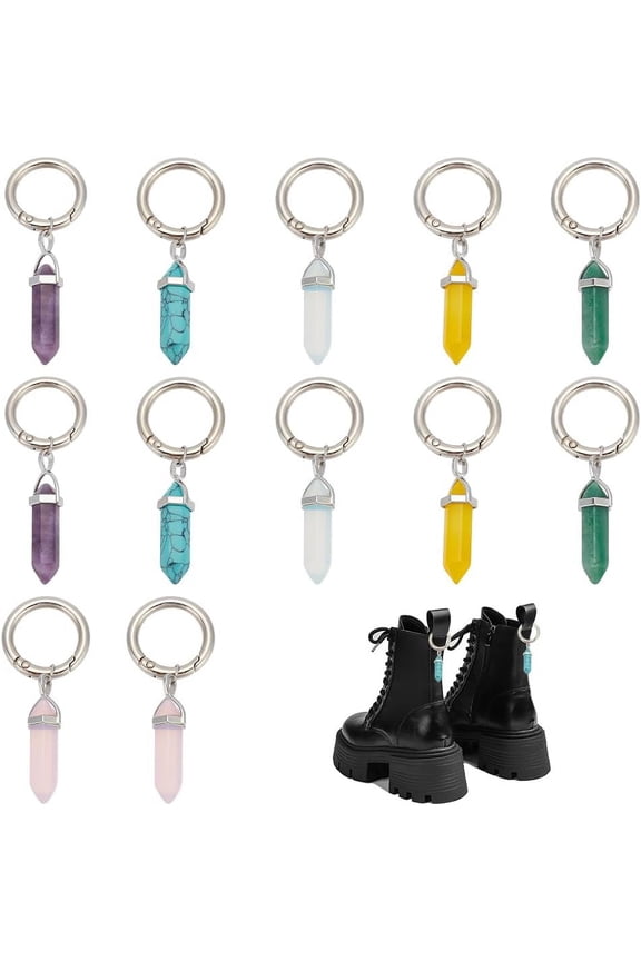 12 Pcs 6 Colors Gemstone Pendant Pendant Decoration Gemstone Pointed Stone Pendants with Spring Gate Rings for DIY Shoes Purse Packbag Accessories for DIY Mixed Stone
