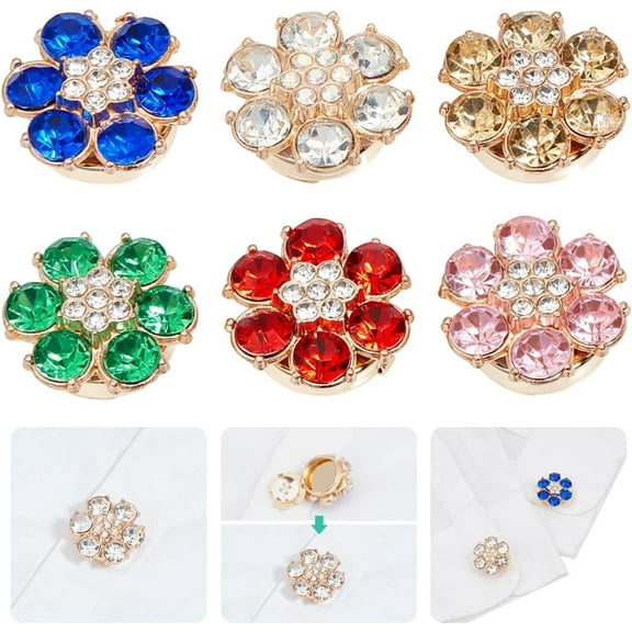 12 Pcs 6 Colors Rhinestone Buttons Cover Flower Detachable Shirt Button Covers Cufflinks Buttons for Women Blouses Men Shirts Clothes DIY Decoration 0.95x0.91 inch