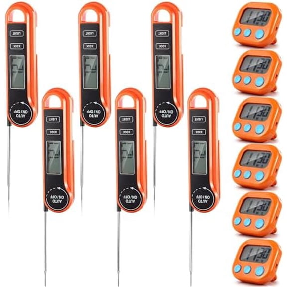 12 Pcs/ 6 Sets Meat Thermometer Digital with Magnetic Kitchen Timer Kit, Fast Instant Read & Waterproof Thermometer & Kitchen Timer Backing Stand for Cooking, Grilling, Candy Making, Baking