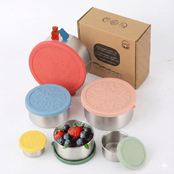 12 Pcs - 6 Stainless Steel Containers + 6 Silicone Lids | 304 Stainless Steel Snack Container | Nesting Snack and Dip Containers | Metal Food Storage