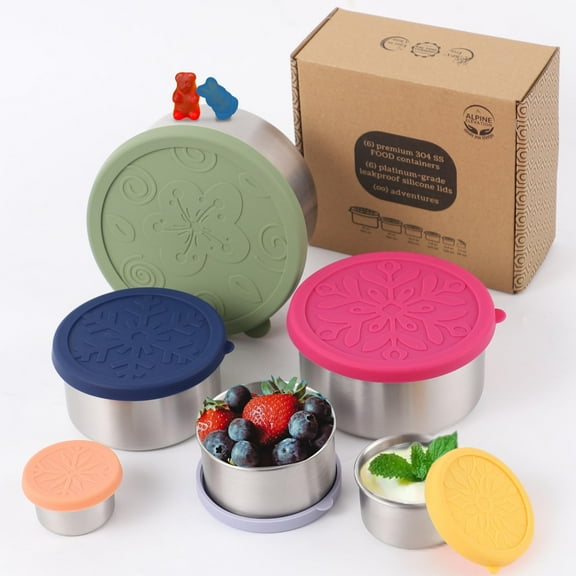 12 Pcs - 6 Stainless Steel Containers + 6 Silicone Lids | 304 Stainless Steel Snack Container | Nesting Snack and Dip Containers | Metal Food Storage