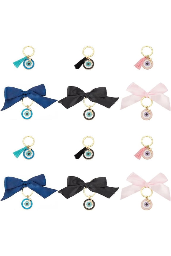 12 Pcs 6 Style Keychain with Enamel Keyring with Tassels Brass Tiny Pendant with Bowknot Protection Charms for Jewelry Craft Decoration - Blacklueink for DIY