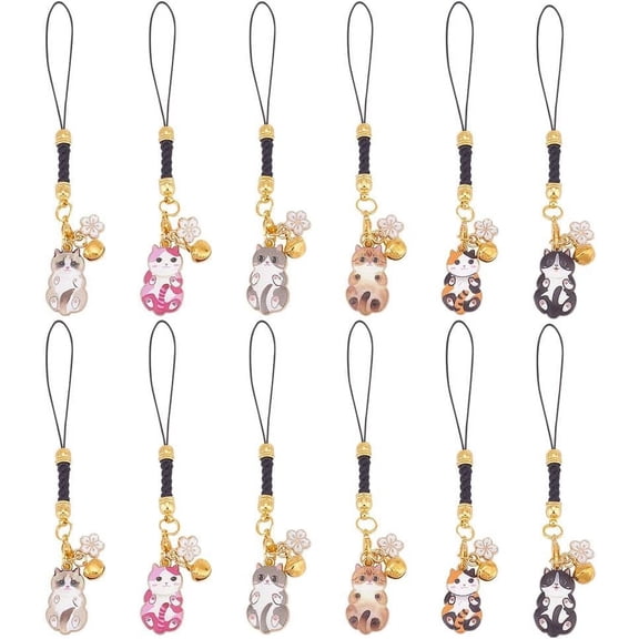 12 Pcs 6 Styles Alloy Enamel Cat Phone Charms Kitty Phone Pendant Flower Phone Charms String Bell Phone Charms Strap Cartoon Cell Phone Keychain