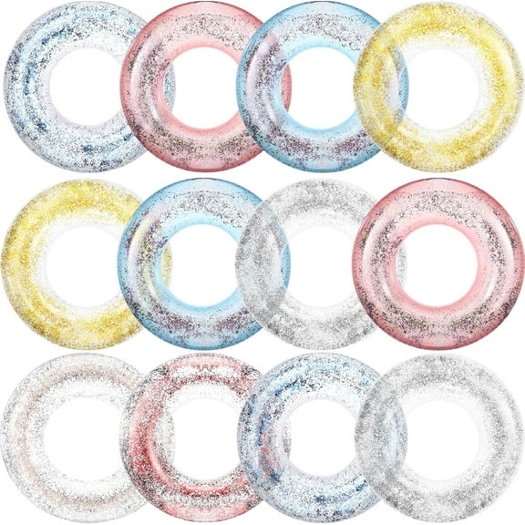 12 Pcs 7 Styles Inflatable Pool Floats Tube Transparent Swimming Ring 33.64 Inch with Colorful Glitters Pool Floats Adults Inflatable Glitter Pool Ring for Pool Beach Summer Outdoor Party Supply