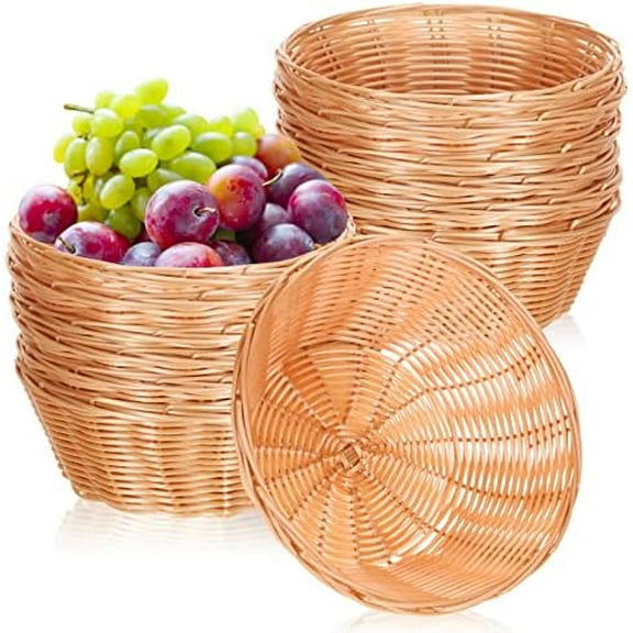 12 Pcs 7'' Woven Bread Baskets Bulk Plastic Round Woven Small Baskets for Gifts Empty Bread Serving for Food Fruit Easter Kitchen Restaurant Centerpiece Display Christmas