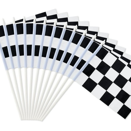 12 Pcs 8"x5.5" Checkered Black and White Racing Stick Flag - Plastic Stick - Decorations for Racing, Race Car Party, Sport Events