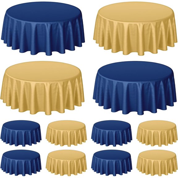 12 Pcs 84 Inch Navy Blue and Gold Round Plastic Disposable Table Cloth Waterproof Tablecloth Circle Table Covers for Passover Graduation Bridal Wedding Birthday Party Gender Reveal Baby Shower