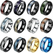12 Pcs 8mm Stainless Steel Ring for Men Women Celtic Dragon Beveled Edges Celtic Black Rings Carbide Wedding Band Ring Set Size 7-11