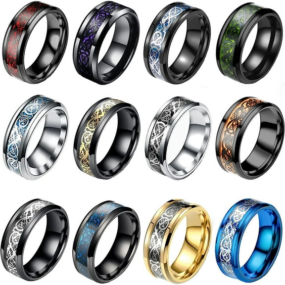12 Pcs 8mm Stainless Steel Ring for Men Women Celtic Dragon Beveled Edges Celtic Black Rings Carbide Wedding Band Ring Set Size 7-11