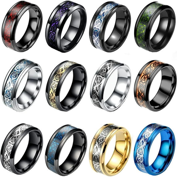 12 Pcs 8mm Stainless Steel Ring for Men Women Celtic Dragon Beveled Edges Celtic Black Rings Carbide Wedding Band Ring Set Size 7-11
