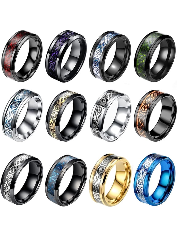 12 Pcs 8mm Stainless Steel Ring for Men Women Celtic Dragon Beveled Edges Celtic Black Rings Carbide Wedding Band Ring Set Size 7-11