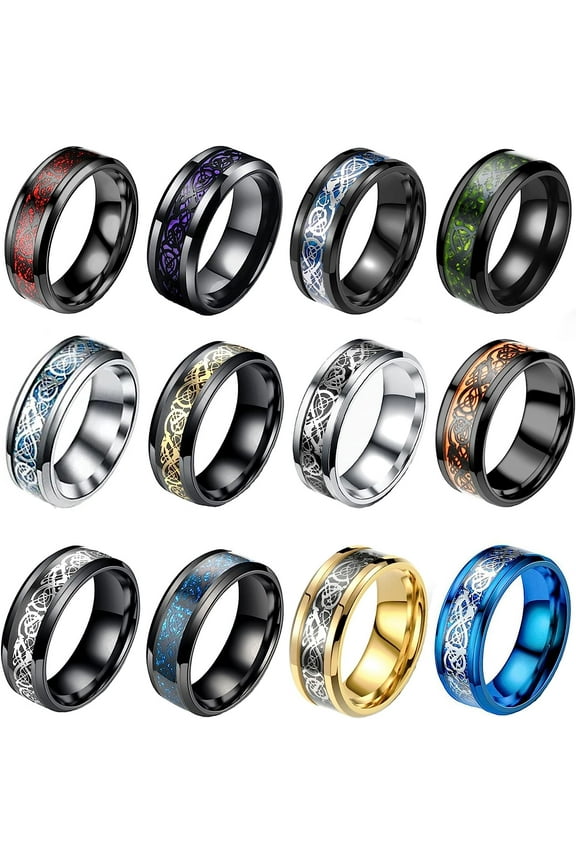 12 Pcs 8mm Stainless Steel Ring for Men Women Celtic Dragon Beveled Edges Celtic Black Rings Carbide Wedding Band Ring Set Size 7-11