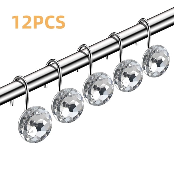 12 Pcs Acrylic Decorative Rolling Diamond Shower Curtain Hooks Rust Proof Rhinestones Crystal Bling Shower Curtain Hooks for Curtain and Shower Rod,Clear Round