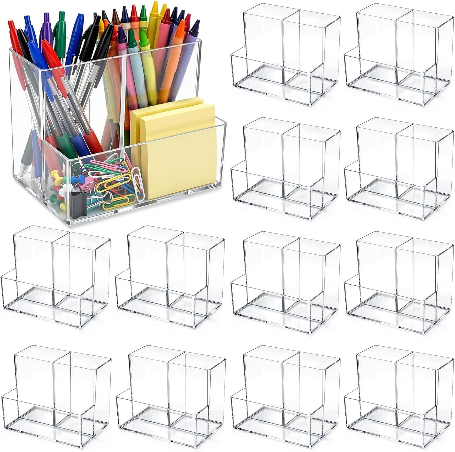 Sticky Note Compartment 12 Pcs Acrylic Pencil Holder with 3 Compartments, Clear Desktop Pen and ...