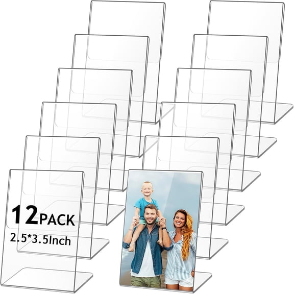 12 Pcs Acrylic Picture Frame, 2.5x3.5 Inch Acrylic Photo Frame, Slant Back Acrylic Sign Holder, Plastic Menu Holder, Clear Picture Frames Table Display for Wedding Office Restaurant Store