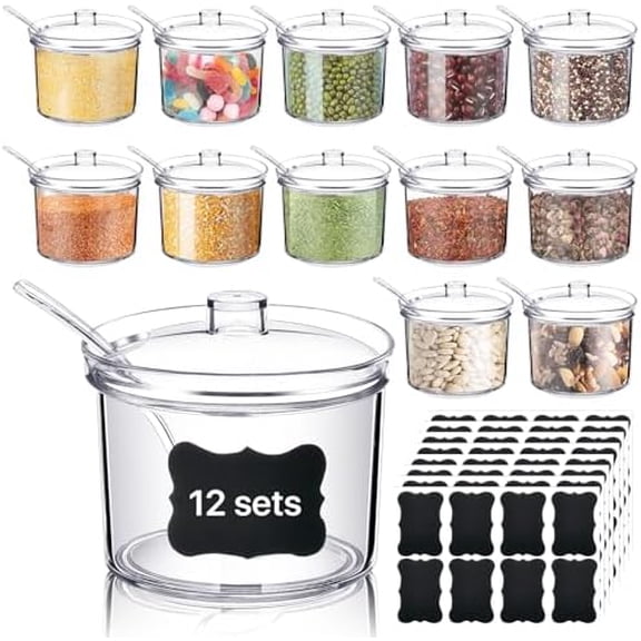 12 Pcs Acrylic Sugar Bowl with Lid and Spoon,7. Oz Clear Condiment Storage Pot,Sugar Jar Spices Container for Home Kitchen,Coffee Bar,Restaurant