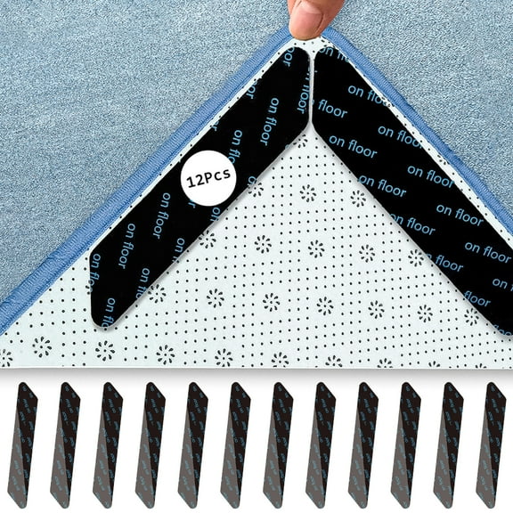 12 Pcs Adhesive Grippers for Rug, Double Sided Anti Slip Rug Grippers, Washable Removable Rug Stopper Grip Your Area Rug