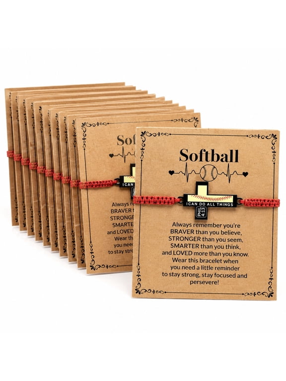 12 Pcs Adjustable Leather Softball Bracelet Set with Inspirational Cards, Made of Premium Leather Cord and Plastic, Ideal for Softball Accessories and Team Activities