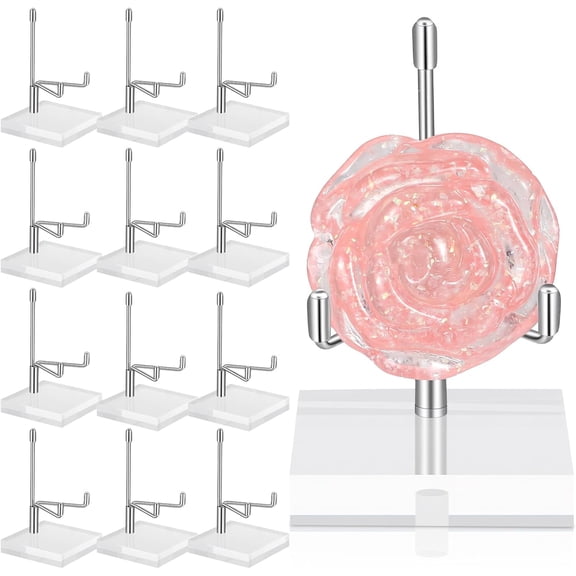 12 Pcs Adjustable Metal Arm Display Stand Crystal Holder Easel with Acrylic Base Rock Mineral for Geodes Agate Collection (Silver, 2 x 3.2 Inch)