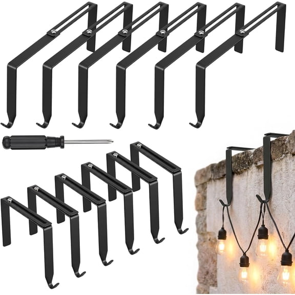 12 Pcs Adjustable Outdoor Light String Metal No Drill Hooks for Outdoor String Lights Metal Light Hooks for 3.5 to 6.3 Inch Concrete Wall Cinder Block Fence Brick Hangers Black