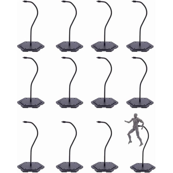 12 Pcs Adjustable Plastic Action Figure Stand (No Waist Clip Design) Black with Base Action Display Stand for 6inch/15cm Figures Compatible with DC HG Anime Figure Model