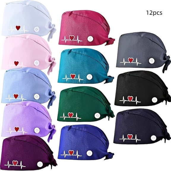 12 Pcs Adjustable Scrub Caps with Sweatband, Bouffant Surgical Caps Multi Color for Party Favor, Breathable Hospital Caps with Buttons for Nurses Doctors Clinic Operating Room Unisex Reusable