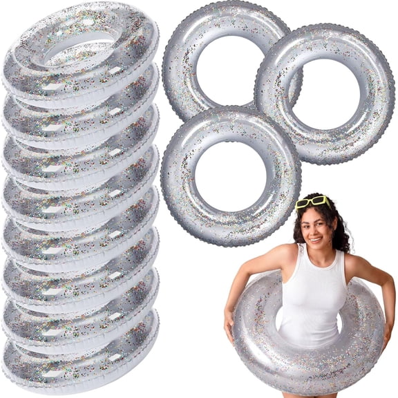 12 Pcs Adult Pool Floats Inflatable Glitter Swim Rings Round Floating Tubes for Summer Beach Pool Party Supplies (Silver, 29.5" L x 29.5" w)