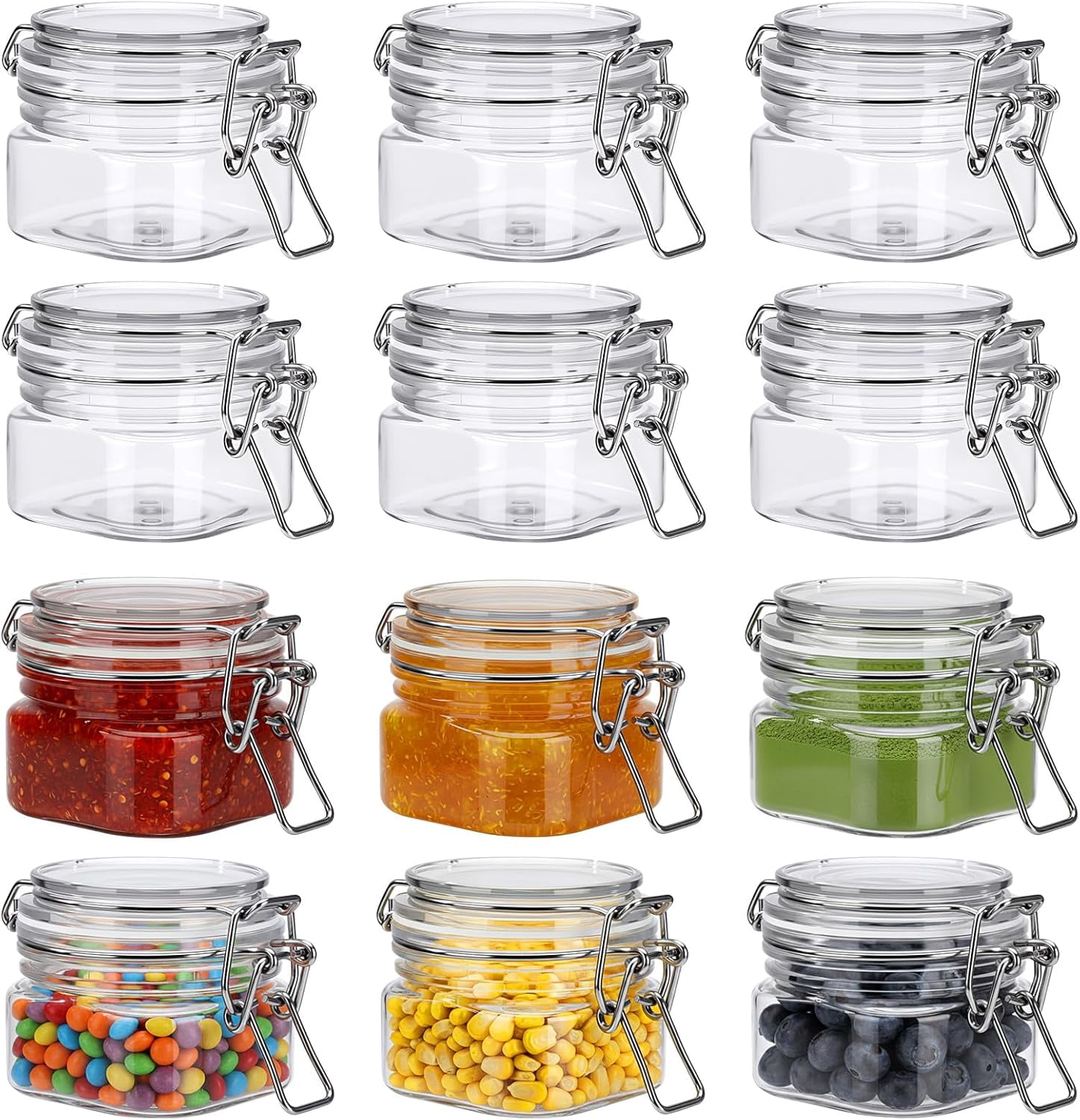 12 Pcs Airtight Plastic Jars with Lids 4 oz Small Square Food Storage ...