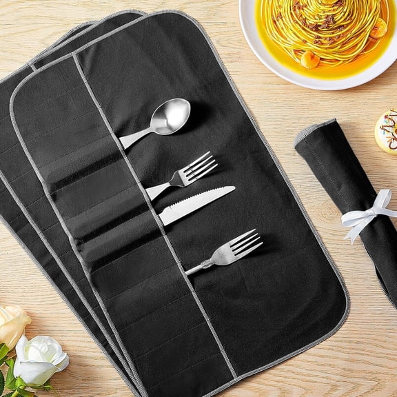 12 Pcs Anti Tarnish Silver Storage Bags Silver Storage Cloth Felt Flatware Organizer Anti Tarnish Protector Bags Place Setting Roll with White Ribbon for Kitchen Cutlery (12 Slots,Black)