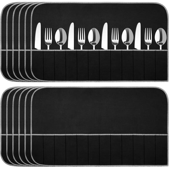 12 Pcs Anti Tarnish Silver Storage Bags Silver Storage Cloth Felt Flatware Organizer Anti Tarnish Protector Bags Place Setting Roll with White Ribbon for Kitchen Cutlery (12 Slots,Black)