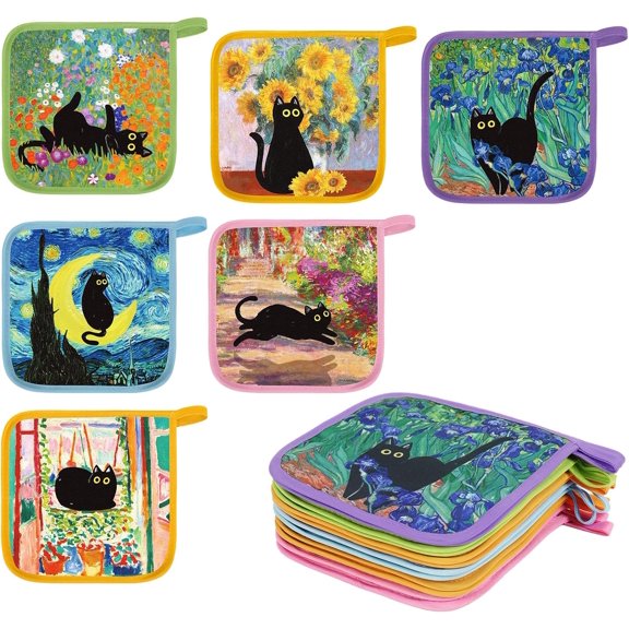 12 Pcs Art Print Pot Holders Heat Resistant Non-Slip Potholders Famous Painting with Black Cat Hot Pads for Cooking Baking
