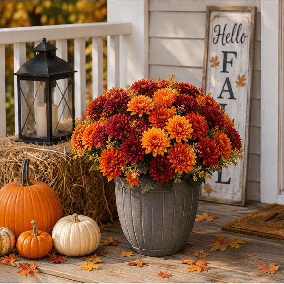 12 Pcs Artificial Ball Chrysanthemum Flowers, 12" Fake Kiku Mums with Flexible Stems, Burnt Orange & Burgundy Silk Blooms for Fall Wedding Centerpieces, Thanksgiving Home Decor, Vase Filler