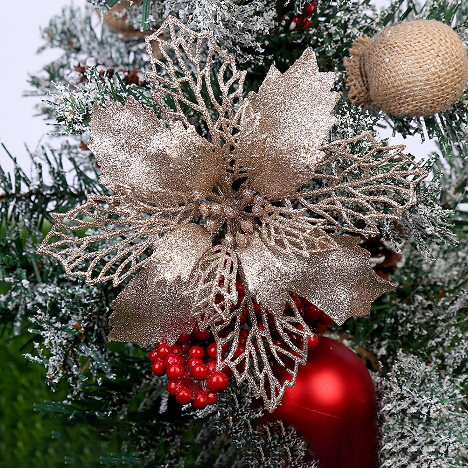 12 Pcs Artificial Christmas Flowers Decorations Glitter Xmas Tree