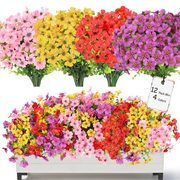 12 Bundles Artificial Flowers for Outdoor Decoration, Fake Flowers Faux Plants Silk Colorful Daisy Flowers Realistic UV Resistant for Garden Patio Porch Box Home Decor, Mix 4 Colors
