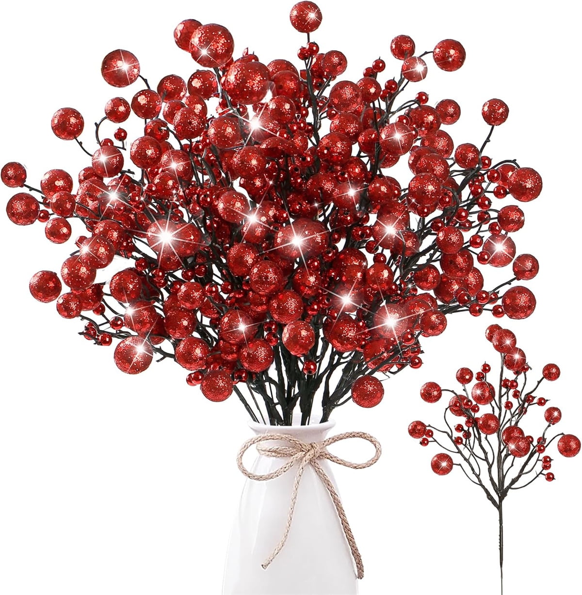 10 Pack Artificial Glitter Berry Stem Ornaments 17in Decorative Christmas Picks Glittery Bead Sticks Branches For Christmas Tree Decor DIY Wreath Crafts Home Red