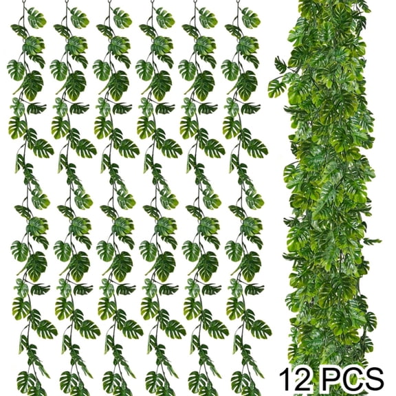 12 Pcs Artificial Monstera Leaf Vines, Greenery Garland, Fake Hanging Plants, 5.9 Ft/70.8 Inch Artificial Vines For Outdoors, PlasticTropical Decor,Jungle Garland For Wedding Party, Hawaiian Party De