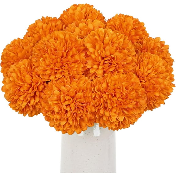 12 Pcs Artificial Orange Chrysanthemum Stems – 11” Tall Silk Mums Flower Heads with Green Leaves, Flexible Stems for Fall Floral Pick Arrangements, Home, Wedding & Seasonal Decorations