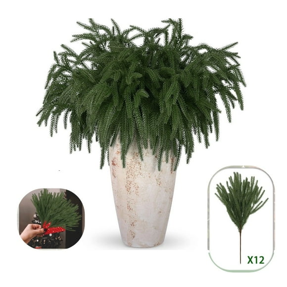 12 Pcs Artificial Pine Branches, Christmas Tree Filler Branches, Realistic Faux Christmas Greenery Green Plants Pine Picks and Stems for Christmas Decorating Crafts Vase DIY Wreath Garland