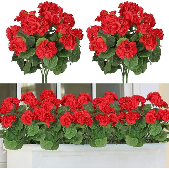 12 Pcs Artificial Red Geranium Silk Flowers Outdoor Plant Bush Faux ...