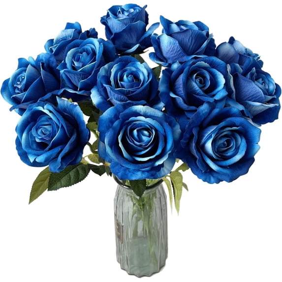 Levinis, Artificial Rose Flowers Blossom, 12 Pcs Blue Fake Silk Roses ...