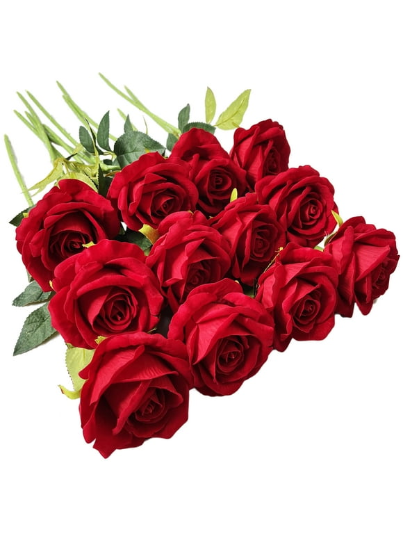 12 Pcs Artificial Rose Flowers Red Blossom Rose Flowers Real Touch Silk Faux Roses with Stem Rose Bouquets for Home Decoration Wedding Party Garden Floral Decor Valentine's Day Gift